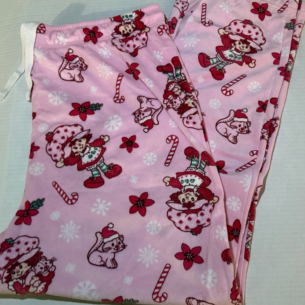 Strawberry Shortcake Christmas Pajama Pants Pink Fleece Holiday Lounge Large - Picture 1 of 3